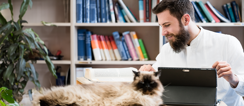 Man Looking Through Book While Typing on Laptop With Cat Nearby