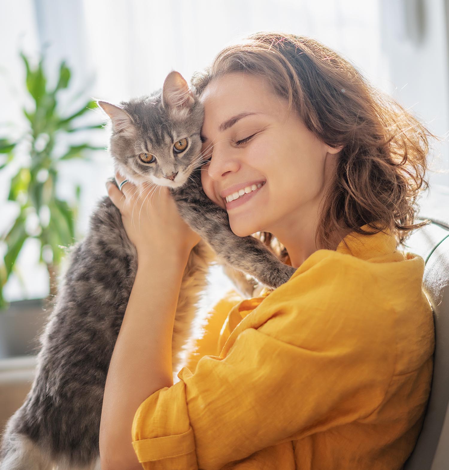 Close-up portrait of a cheerful young woman with a gray cat in her arms at home